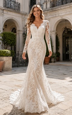 Robe de mariée sirène en dentelle florale à manches longues illusion avec traîne chapelle