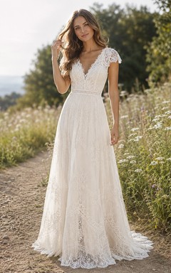 Bohemian Lace V-neck Short Sleeve A-Line Sweep Train Bridal Gown