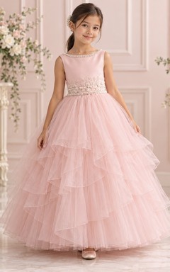Ärmelloses, gestuftes Ballkleid aus Tüll mit Perlenkragen in Rosa für Blumenmädchen