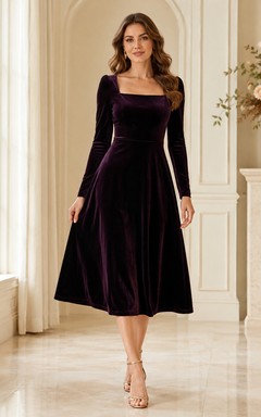 Plum Square Neck Long Sleeve Velvet A-Line Midi Wedding Guest Dress