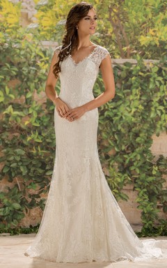 V-Neck Cap-Sleeved Lace-Appliqued Wedding Dress With Illusion Back