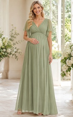Salbeigrünes Umstandskleid mit V-Ausschnitt, Blütenblattärmeln, Chiffon-A-Linie und Empire-Schnitt, bodenlang