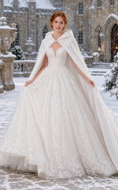 Winterliches Brautkleid mit Kapuze und Cape aus Spitze