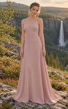 Sencillo vestido de novia de crepé color rosa empolvado, corte en A, escote en V y finos tirantes.