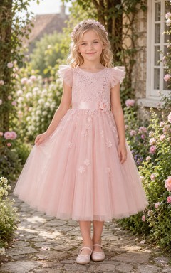 Blumenmädchenkleid aus rosafarbener Spitze und Tüll, A-Linie, Rundhalsausschnitt, Teelänge