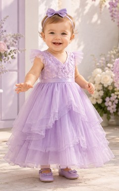 Vestido de bautizo de bebé de corte A, largo midi, con mangas cortas y tul color lavanda.