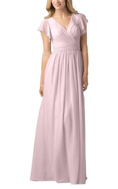 Vestido largo de dama de honor blanco de gasa con escote en V y mangas mariposa