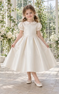 Tea-length Vintage Ivory A-line Satin Collared Puff-sleeve Bow-back Flower Girl Dress