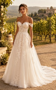 Off Shoulder A-Line Lace Wedding Dress with Floral Appliques and Chapel Train