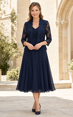 Chaqueta de encaje azul marino, vestido de gasa hasta la rodilla para madres
