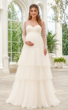 Vestido de novia de invierno de tul escalonado con mangas largas para embarazadas