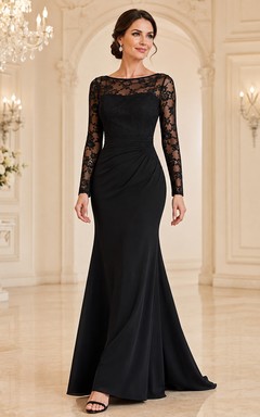 Schwarzes, elegantes Meerjungfrauen-Abendkleid mit langen Ärmeln und Illusionsspitze, U-Boot-Ausschnitt, für festliche Anlässe