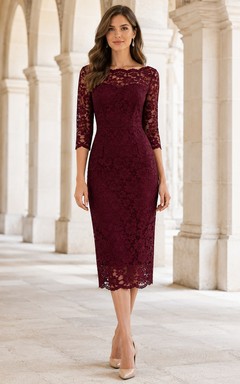 Burgundy Scalloped Bateau Three-Quarter Lace Sleeve Sheath Midi Guest Dress