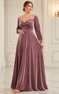 Vintage Mauve Cowl Neck Long Sleeve Velvet A-Line Floor-Length Dinner Dress