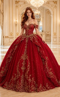 Vestido de quinceañera rojo de princesa con hombros descubiertos y bordados dorados