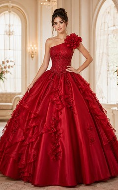 Rotes, schulterfreies Ballkleid mit floralen Applikationen für Quinceañeras
