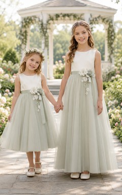 Matching Flower Girl Junior Bridesmaid Dress A-Line Celadon Tulle Sash Formal