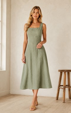 Celadonfarbenes, eckiges Trägerkleid aus Baumwolle mit Ziernähten, lässiges A-Linien-Kleid für den Teegarten
