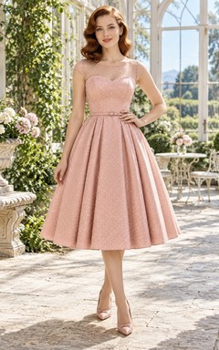 Vestido de fiesta vintage rosa hasta la rodilla, sin mangas, con escote corazón ilusión y corte en A.