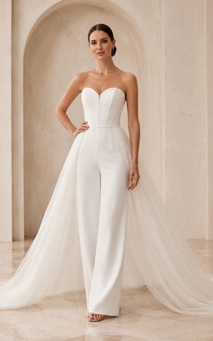 Minimalist Satin Tulle Wedding Jumpsuit Strapless Sweetheart Sweep Train