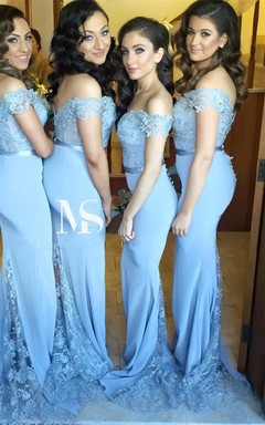 Sexy Off-the-shoulder Mermaid Lace Appliques Blue Bridesmaid Dress Zipper Button Back