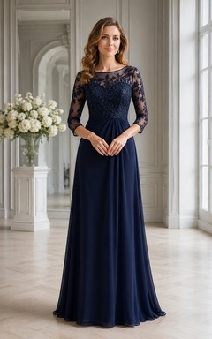 Robe de mère grande taille en dentelle illusion bleu marine foncé, manches 3/4, coupe trapèze