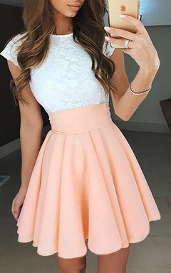 Vestido corto de fiesta de graduación con escote barco, manga corta, gasa y encaje, corte A