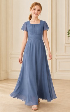 Stahlblaues Brautjungfernkleid für junge Damen, A-Linie, eckig, kurze Ärmel, Blütenblatt-Dekoration