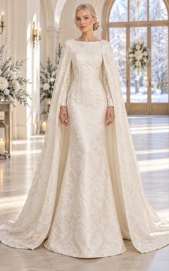 Modest Long Sleeve Winter Bateau Neck Patterned Brocade Cape Sheath Wedding Dress