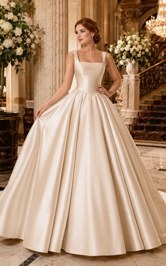 Square Neck Satin Princess Ball Gown Hotel Bridal Dress