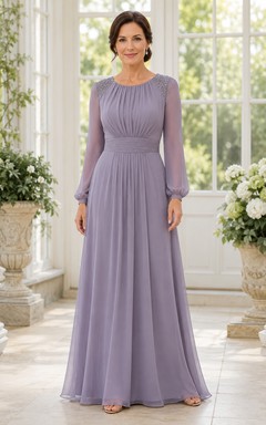 Robe de mère en mousseline lilas à manches longues, coupe trapèze, corsage plissé