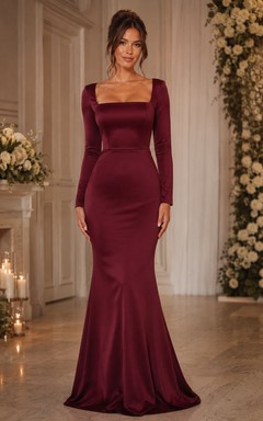 Burgundy Square Neck Long Sleeve Mermaid Satin Bridesmaid Dress