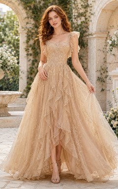 Champagne Square Neck Cap Sleeve Floral Tulle A-Line High-Low Fairy Dress