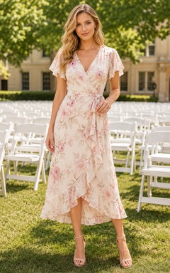 Blush floral V-neck wrap chiffon high-low midi dress