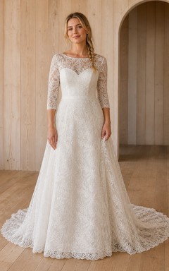 Vestido de novia de encaje con escote barco y mangas tres cuartos, corte A y modesto, estilo capilla.