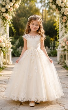 Lace Bodice Tulle A-Line Flower Girl Dress with Short Sleeves, Jewel Neck and Tea-Length Skirt
