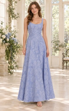 Romantisches Brautjungfernkleid in Periwinkle mit floralem Jacquardmuster, Rundhalsausschnitt, V-Taille, A-Linie und bodenlang