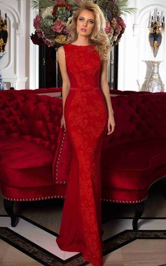 Pencil Appliqued Floor-Length Bateau Sleeveless Lace Prom Dress With Low-V Back