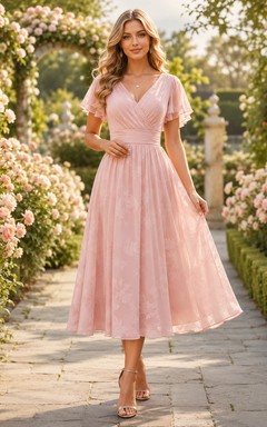 Blush Romantic Garden Wedding Guest Dress A-Line Tulle Chiffon V-Neck Short Sleeve Tea-Length Ruched