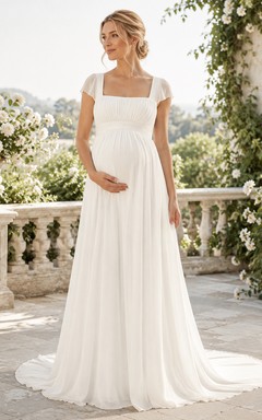 Vestido de novia de gasa, corte A, escote cuadrado, manga corta, cola larga.
