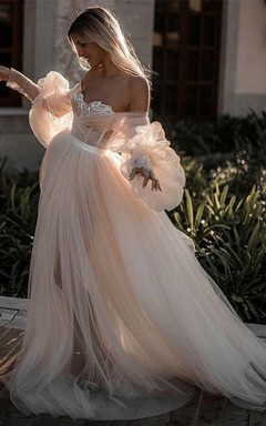 Puff Flowy Illusion Tulle A-line Off-the-shoulder Criss-cross Dress