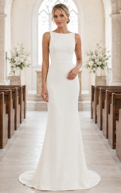 Vestido de novia sencillo sin mangas estilo barco de crepé estilo capilla