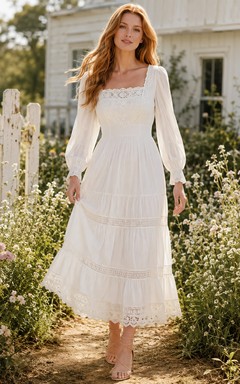 Robe de mariée bohème vintage à col carré, manches bouffantes, volants en dentelle et mousseline, longueur thé