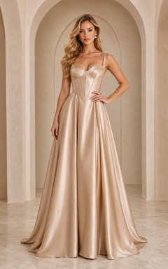 Abendkleid aus champagnerfarbenem Satin, A-Linie, Spaghettiträger, bodenlang