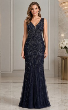Dark Navy V Neck Glitter Mermaid Sleeveless Formal Evening Dress