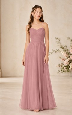 Vestido de dama de honor juvenil color rosa empolvado, corte en A, sin mangas, de malla elegante.
