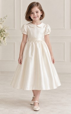 Tea-length Vintage Simple Ivory A-line Satin Collared Puff-sleeve Flower Girl Dress