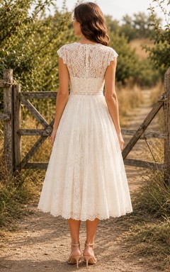 Robe de mariée vintage en dentelle et tulle, coupe trapèze, col en V, manches courtes, longueur thé