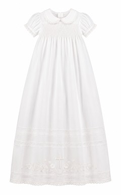 Vestido de bautizo vintage modesto, corte en A, manga corta, encaje de algodón, largo hasta la rodilla, con fajín de lazo, color blanco.