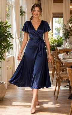 Navy Short Sleeve Wrap Satin Midi Dinner Dress